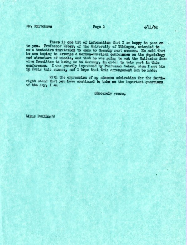 Letter from Linus Pauling to Stephen Fritchman. Page 2. November 4, 1952