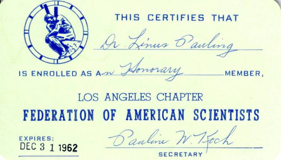 Honorary Membership Card, Federation of American Scientists -- Los Angeles Chapter.