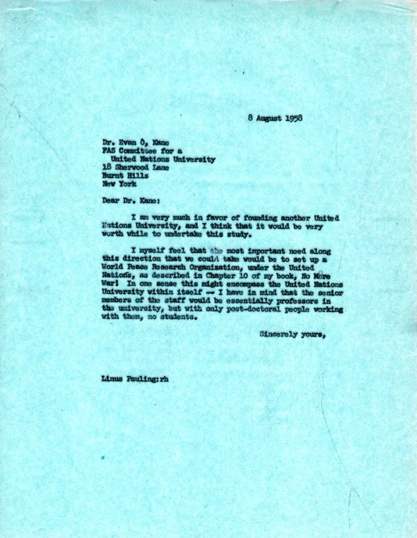 Letter from Linus Pauling to Evan O. Kane. Page 1. August 8, 1958