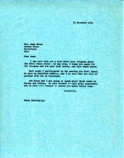 Letter from Linus Pauling to Anne Eaton. Page 1. November 21, 1963