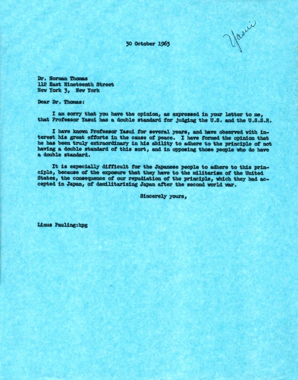Letter from Linus Pauling to Norman Thomas. Page 1. October 30, 1963