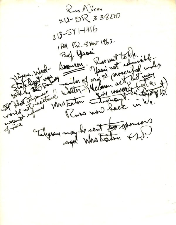 Notes re: Telegram recommending travel visa for Kaoru Yasui. Page 2. November 8, 1963