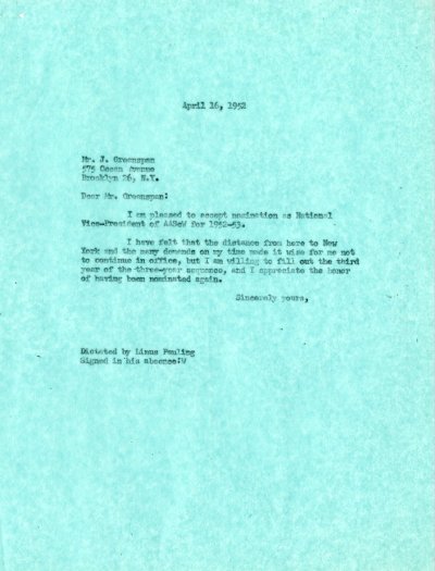 Letter from Linus Pauling to J. Greenspan. Page 1. April 16, 1952