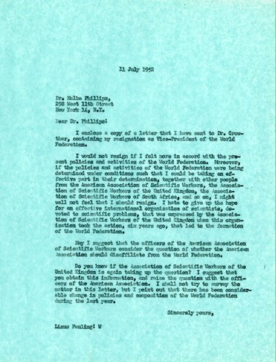 Letter from Linus Pauling to Melba Phillips. Page 1. July 11, 1952