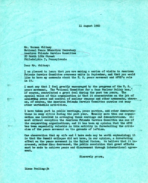 Letter from Linus Pauling to Norman Whitney. Page 1. August 11, 1960