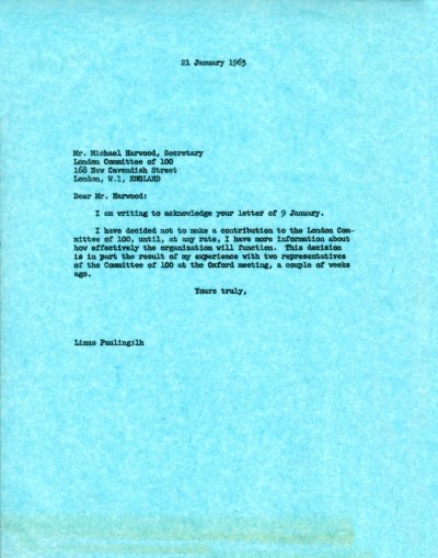 Letter from Linus Pauling to Michael Harwood. Page 1. January 21, 1963