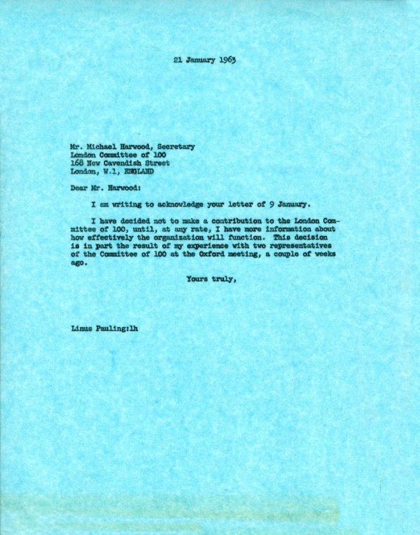 Letter from Linus Pauling to Michael Harwood. Page 1. January 21, 1963
