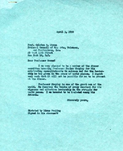 Letter from Linus Pauling to Colston Warne, National Council of the Arts, Sciences and Professions. Page 1. April 3, 1950