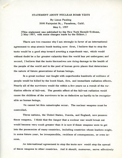 "Statement about Nuclear Bomb Tests." Page 1. May 2, 1957