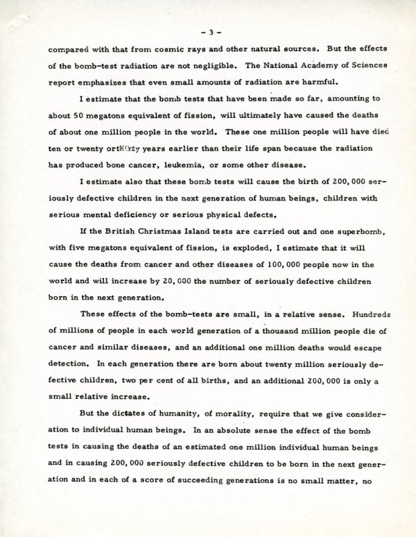 "Statement about Nuclear Bomb Tests." Page 3. May 2, 1957
