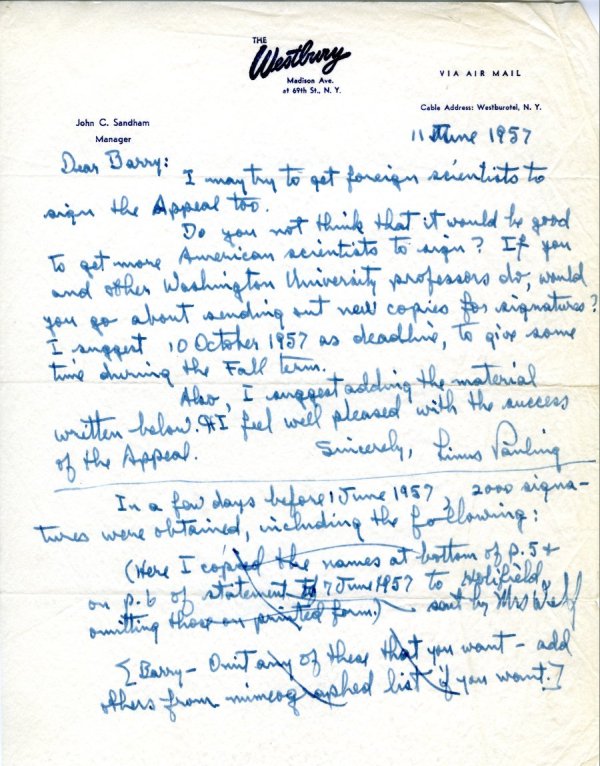 Letter from Linus Pauling to Barry Commoner. Page 1. June 11, 1957