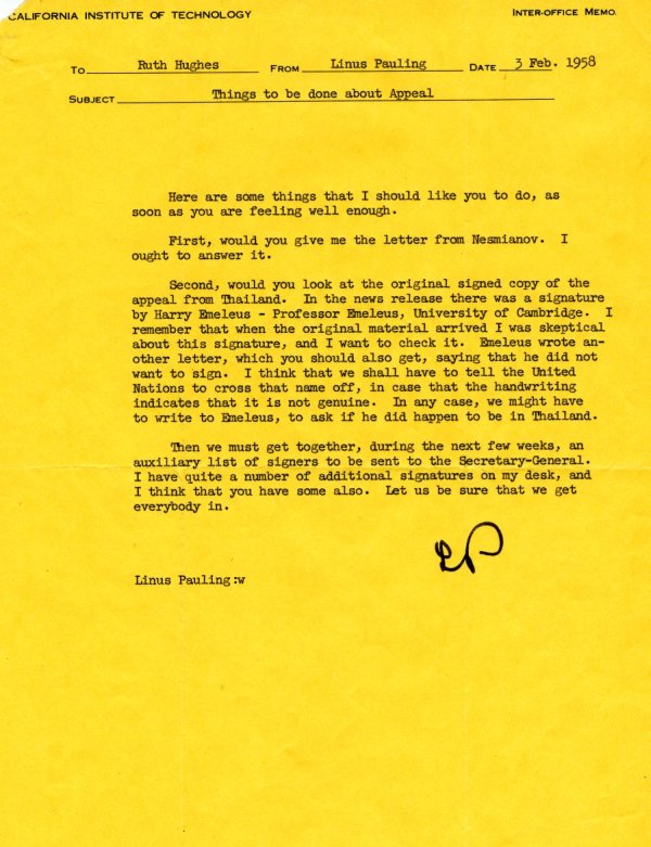 Letter from Linus Pauling to Ruth Hughes. Page 1. February 3, 1958