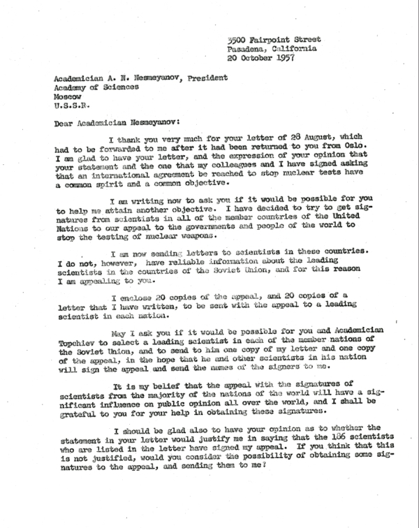 Letter from Linus Pauling to A.N. Nesmeyanov. Page 1. October 20, 1957