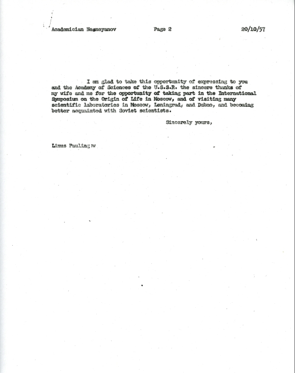 Letter from Linus Pauling to A.N. Nesmeyanov. Page 2. October 20, 1957