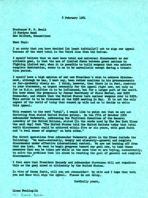 Letter from Linus Pauling to P. P. Ewald. Page 1. February 6, 1961