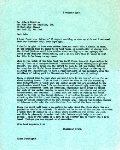 Letter from Linus Pauling to Robert Hutchins. Page 1. October 6, 1958