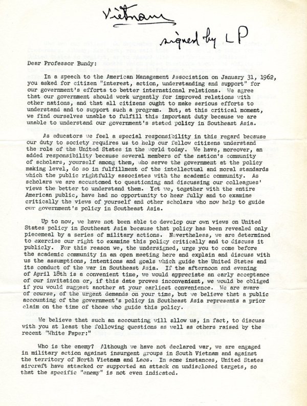 Letter from Linus Pauling to McGeorge Bundy. Page 1. June 7, 1963