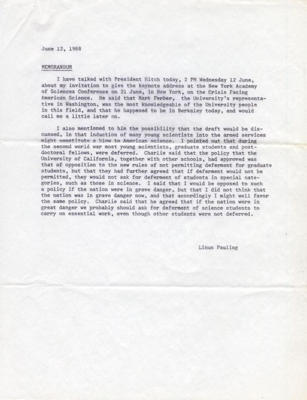 Pauling Notes to Self re: military drafting of young scientists and the "crisis facing American science." Page 1. June 12, 1968