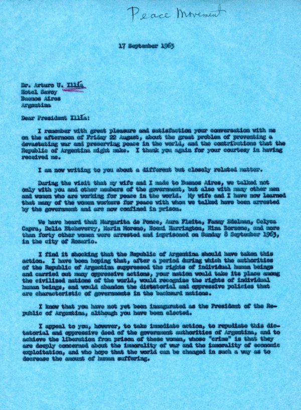 Letter from Linus Pauling to Arturo U. Illia Page 1. September 17, 1963