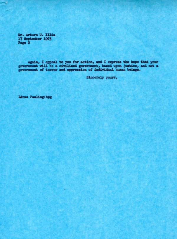 Letter from Linus Pauling to Arturo U. Illia Page 2. September 17, 1963