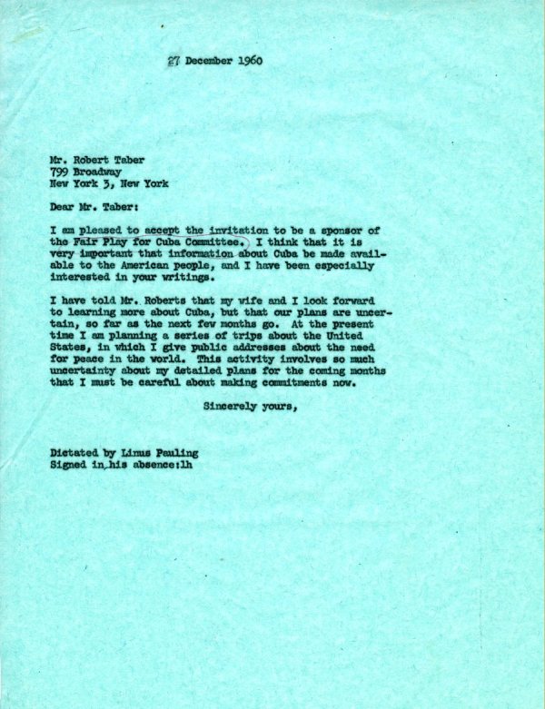 Letter from Linus Pauling to Robert Taber. Page 1. December 27, 1960