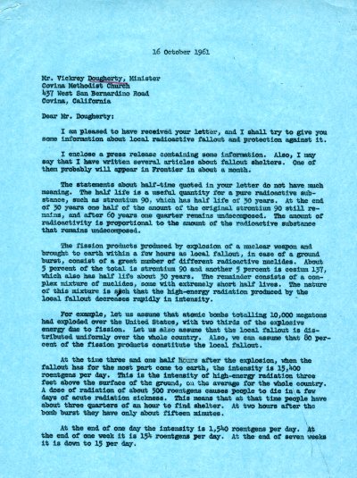 Letter from Linus Pauling to Vickrey Dougherty. Page 1. October 16, 1961