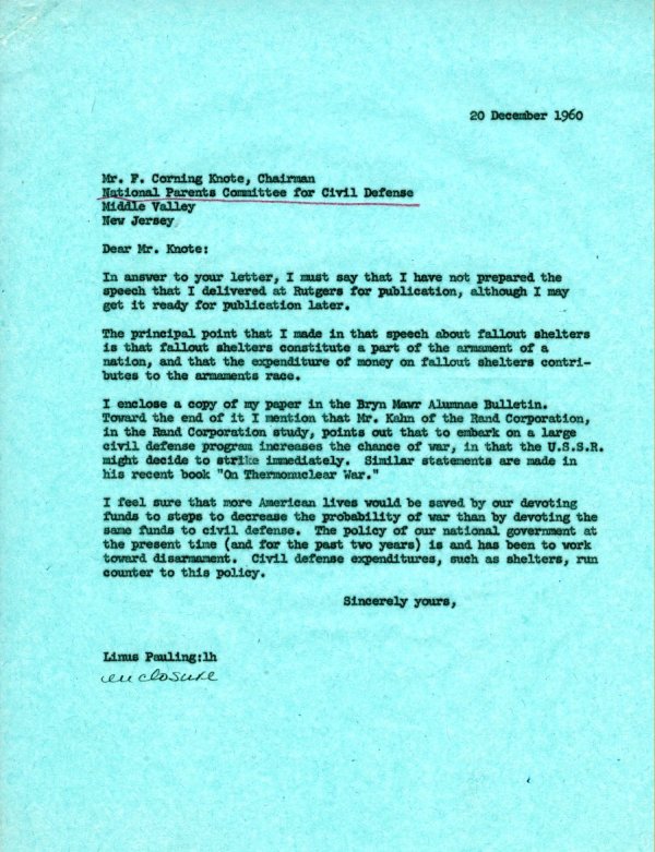 Letter from Linus Pauling to Corning Knote. Page 1. December 20, 1960
