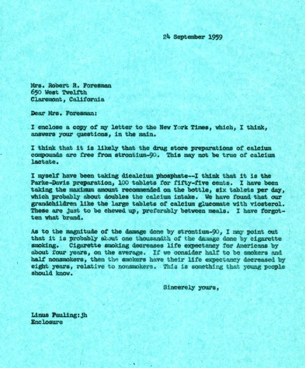 Letter from Linus Pauling to Mrs. Robert R. Foresman. Page 1. September 24, 1959