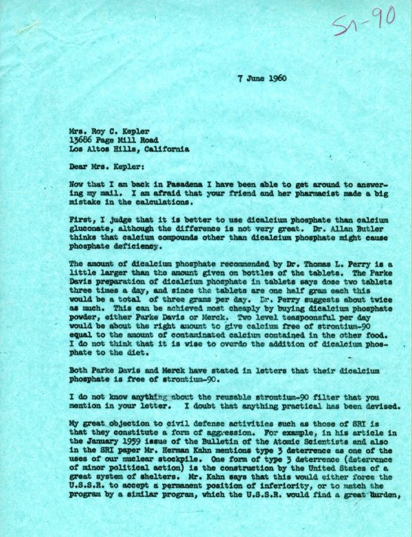 Letter from Linus Pauling to Mrs. Roy C. Kepler. Page 1. June 7, 1960