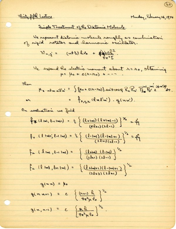 Examinations, Lecture Notes: Introduction to Quantum Mechanics with Chemical Applications, Ch 156a, Ch 156b, Ch156c Page 160. 1933 - 1934