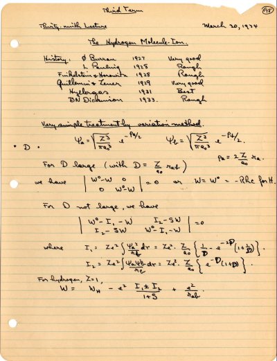 Examinations, Lecture Notes: Introduction to Quantum Mechanics with Chemical Applications, Ch 156a, Ch 156b, Ch156c Page 178c. 1933 - 1934