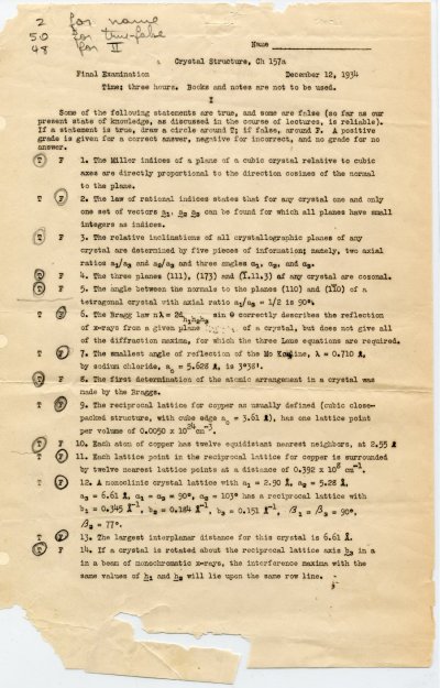 Examinations, Manuscript Lecture Notes: Crystal Structure, Ch 157a, Ch 157b, Fall 1934 - Winter 1935. 1934 Exam - Page 1. 1932 - 1935