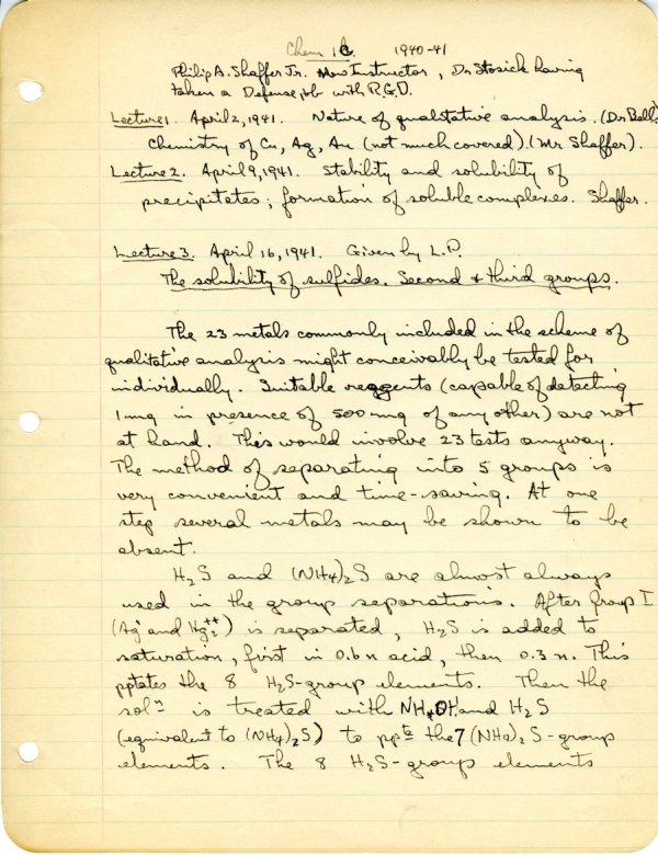 Lecture notes for the class "Freshman Chemistry," Ch 1a, Ch 1b, Ch 1c, California Institute of Technology. Part 2 - Page 1. December 8, 1940 - January 23, 1942