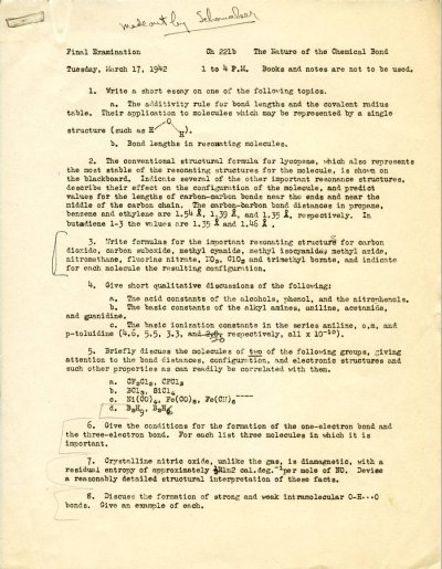 Final Examination: "The Nature of the Chemical Bond." Page 1. March 17, 1942