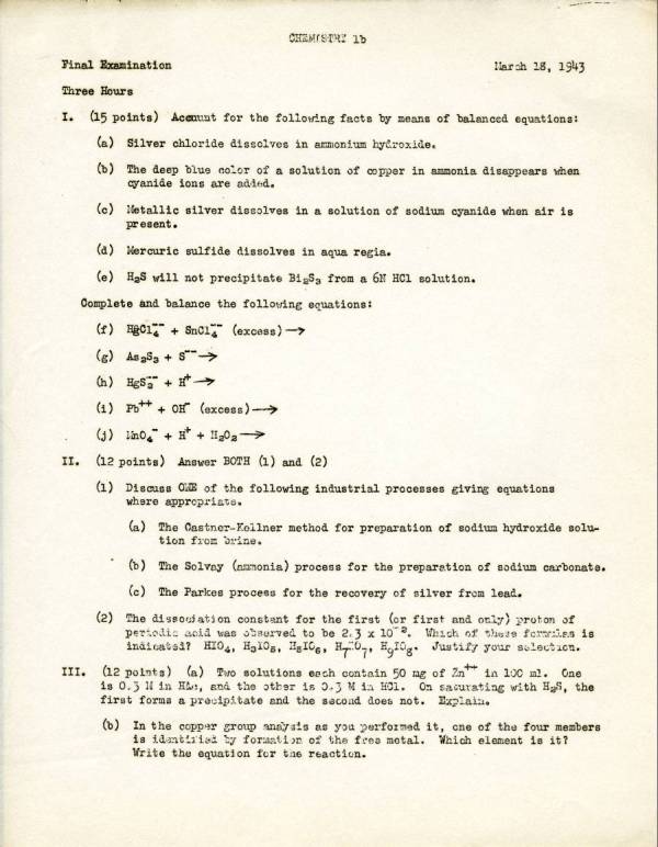 Final Examination: Freshman Chemistry. Page 1. March 18, 1943