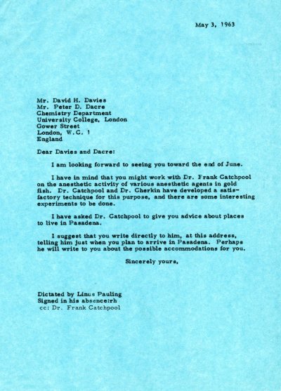 Letter from Linus Pauling to David H. Davies and Peter D. Dacre. Page 1. May 3, 1963