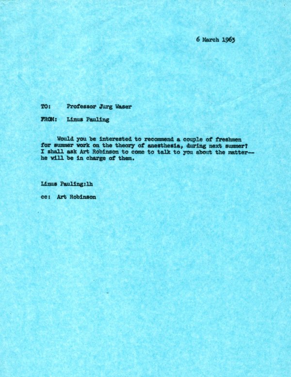 Letter from Linus pauling to Jürg Waser. Page 1. March 6, 1963