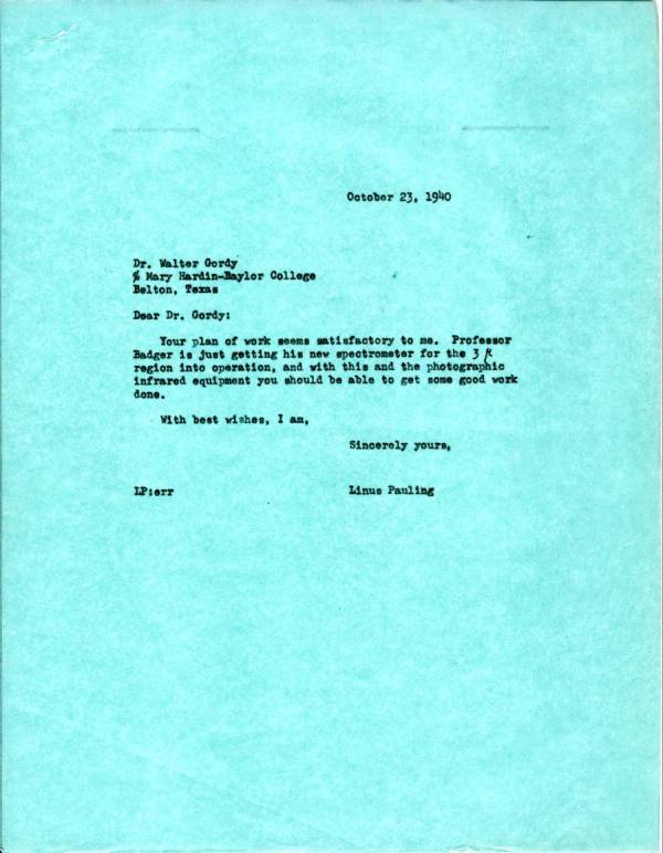Letter from Linus Pauling to Walter Gordy. Page 1. October 23, 1940