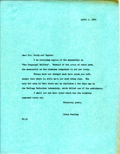 Letter from Linus Pauling to Walter Gordy and J.H. Saylor. Page 1. April 1, 1942