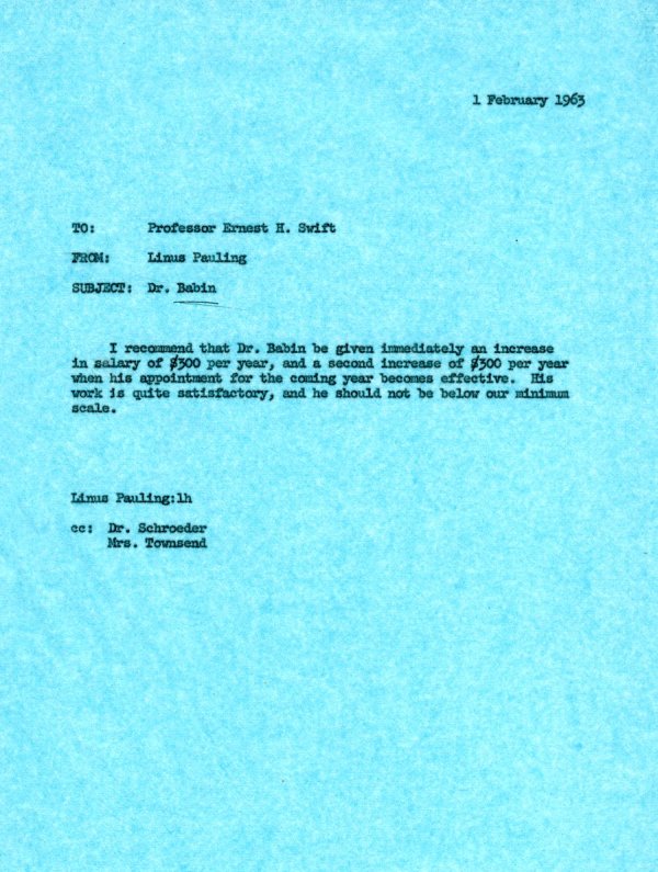 Letter from Linus Pauling to Ernest Swift. Page 1. February 1, 1963