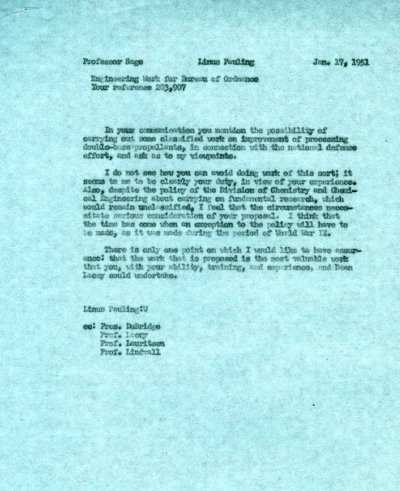 Memorandum from Linus Pauling to Bruce Sage. Page 1. January 17, 1951