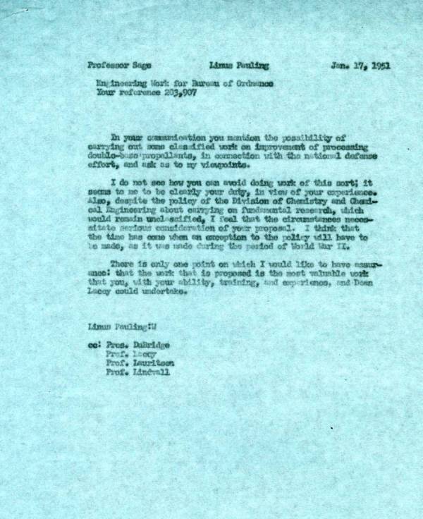 Memorandum from Linus Pauling to Bruce Sage. Page 1. January 17, 1951