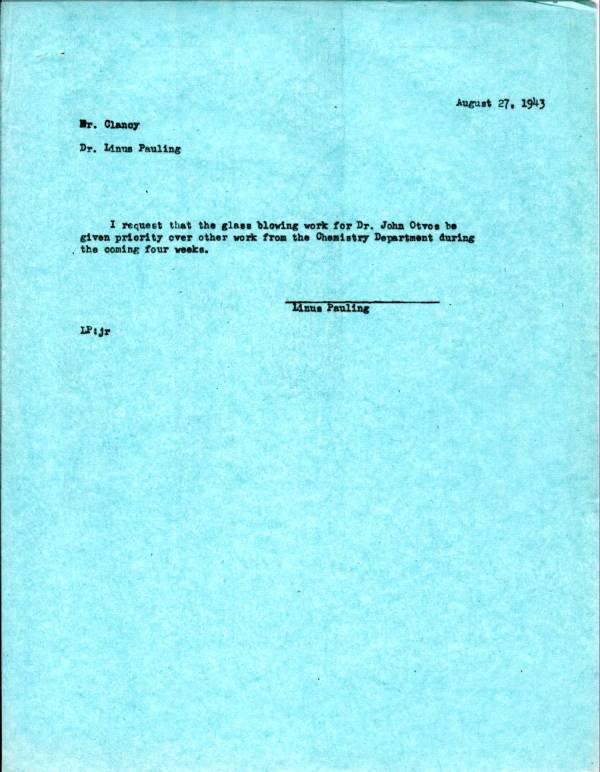 Memorandum from Linus Pauling to Mr. Clancy. Page 1. August 27, 1943