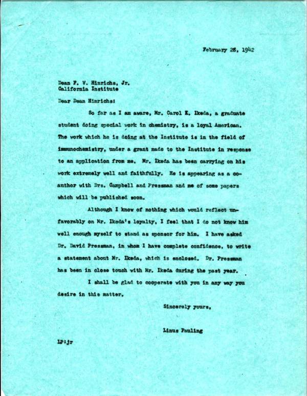Letter from Linus Pauling to F.W. Hinrichs, Jr. Page 1. February 28, 1942
