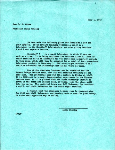 Letter from Linus Pauling to L.W. Jones. Page 1. July 1, 1942