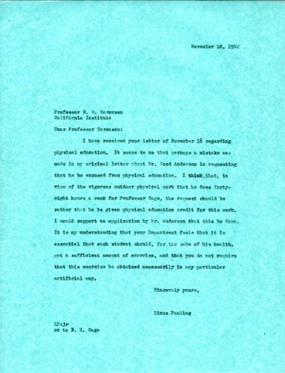 Letter from Linus Pauling to R.W. Sorensen. Page 1. November 18, 1942