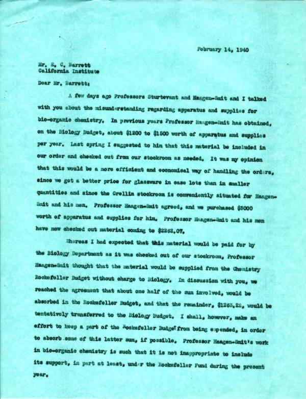 Letter from Linus Pauling to E.C. Barrett. Page 1. February 14, 1940