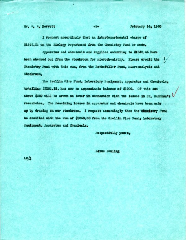 Letter from Linus Pauling to E.C. Barrett. Page 2. February 14, 1940