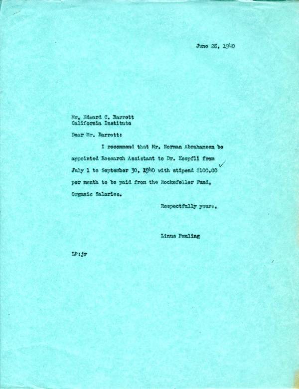 Letter from Linus Pauling to E.C. Barrett. Page 1. June 28, 1940