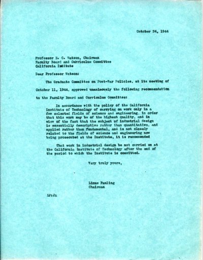 Letter from Linus Pauling to E.C. Watson. Page 1. October 24, 1944